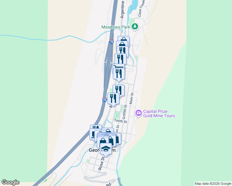 map of restaurants, bars, coffee shops, grocery stores, and more near 1200 Argentine Street in Georgetown