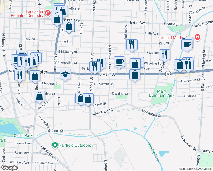 map of restaurants, bars, coffee shops, grocery stores, and more near 565 East Chestnut Street in Lancaster