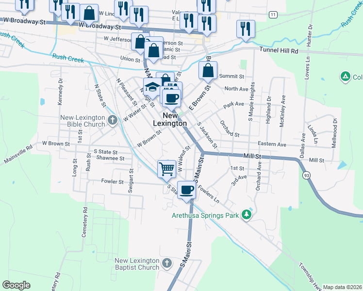 map of restaurants, bars, coffee shops, grocery stores, and more near 221 South High Street in New Lexington