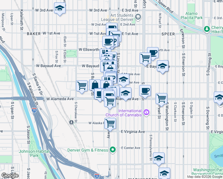 map of restaurants, bars, coffee shops, grocery stores, and more near 201 South Broadway in Denver