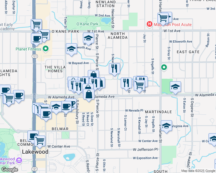 map of restaurants, bars, coffee shops, grocery stores, and more near 6741 West Alameda Avenue in Lakewood