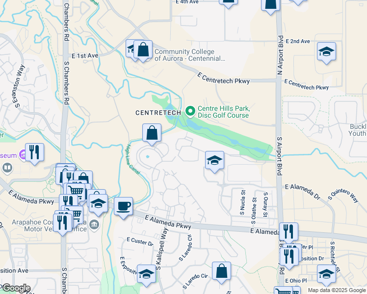 map of restaurants, bars, coffee shops, grocery stores, and more near 16293 East Alameda Place in Aurora