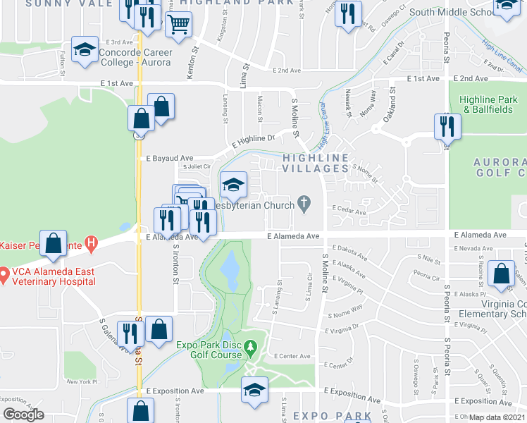 map of restaurants, bars, coffee shops, grocery stores, and more near 11117 East Alameda Avenue in Aurora