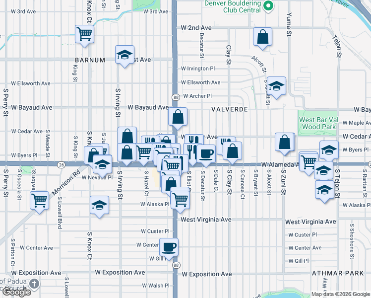 map of restaurants, bars, coffee shops, grocery stores, and more near 221 South Eliot Street in Denver