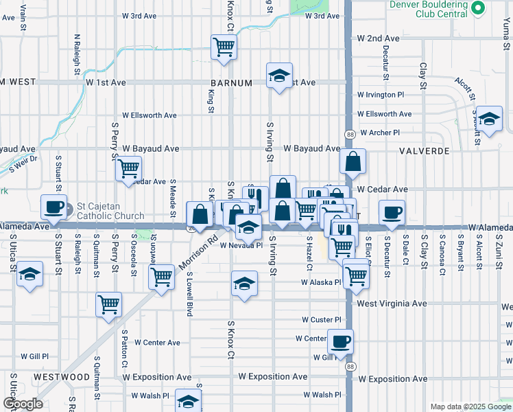 map of restaurants, bars, coffee shops, grocery stores, and more near 235 South Julian Street in Denver