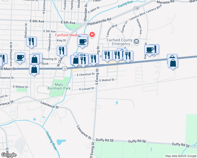 map of restaurants, bars, coffee shops, grocery stores, and more near 208 South Ewing Street in Lancaster