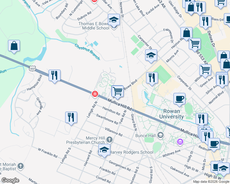 map of restaurants, bars, coffee shops, grocery stores, and more near 15 Beau Rivage Drive in Glassboro