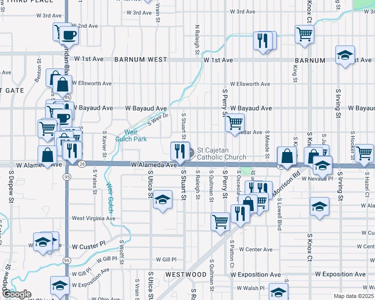 map of restaurants, bars, coffee shops, grocery stores, and more near 255 South Stuart Street in Denver