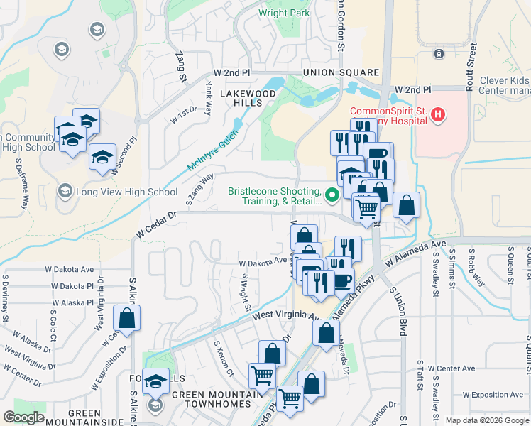 map of restaurants, bars, coffee shops, grocery stores, and more near West Cedar Drive in Lakewood