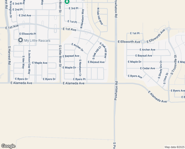 map of restaurants, bars, coffee shops, grocery stores, and more near 210 South Oak Hill Street in Aurora