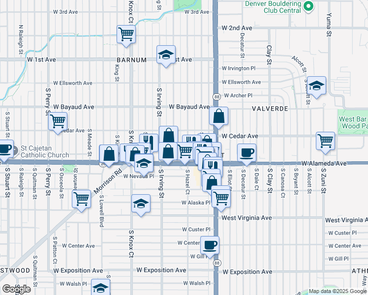 map of restaurants, bars, coffee shops, grocery stores, and more near 230 South Hooker Street in Denver