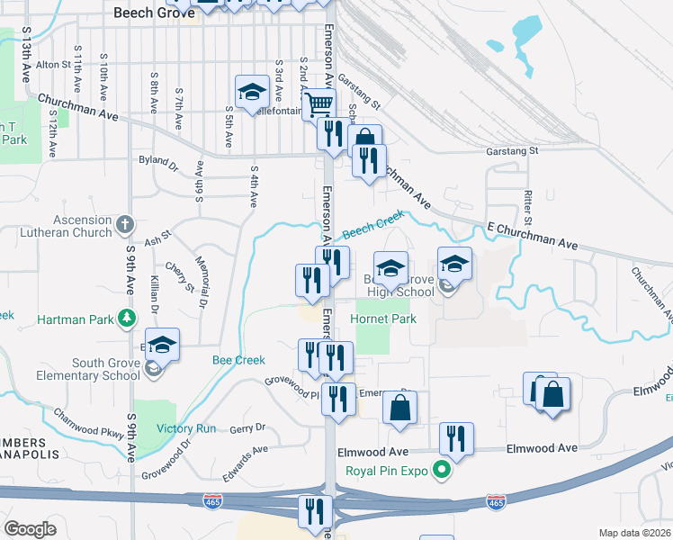 map of restaurants, bars, coffee shops, grocery stores, and more near 3741 South Emerson Avenue in Indianapolis