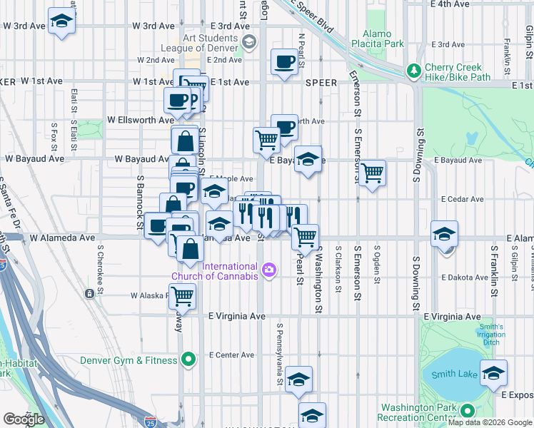 map of restaurants, bars, coffee shops, grocery stores, and more near 219 South Pennsylvania Street in Denver
