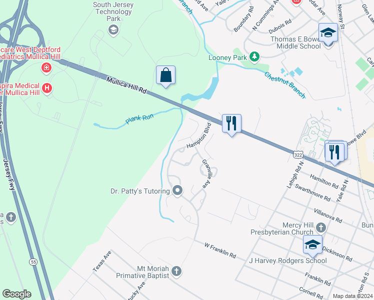 map of restaurants, bars, coffee shops, grocery stores, and more near 16 Hampton Boulevard in Glassboro