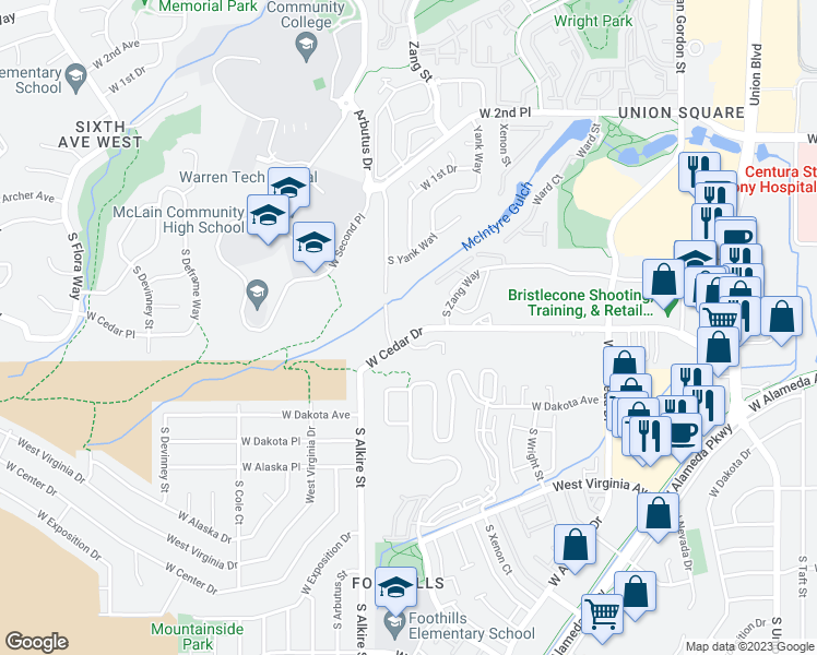 map of restaurants, bars, coffee shops, grocery stores, and more near 13095 W Cedar Dr in Denver