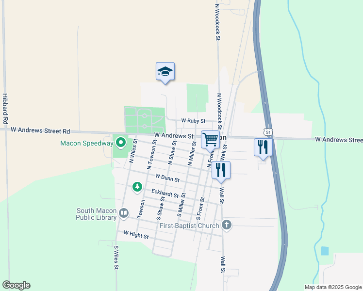 map of restaurants, bars, coffee shops, grocery stores, and more near 201-299 West Andrews Street in Macon