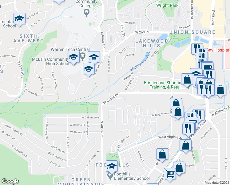 map of restaurants, bars, coffee shops, grocery stores, and more near 13095 West Cedar Drive in Lakewood
