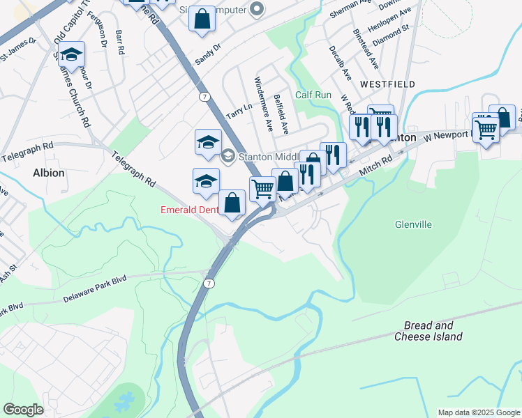 map of restaurants, bars, coffee shops, grocery stores, and more near Delaware 7 & Delaware 4 in Wilmington