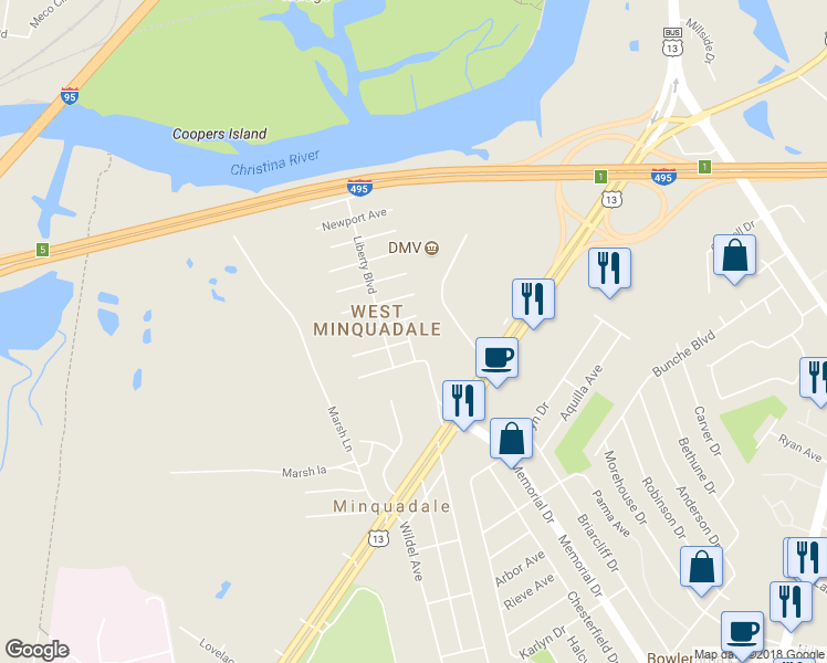 map of restaurants, bars, coffee shops, grocery stores, and more near 5 Maple Street in New Castle