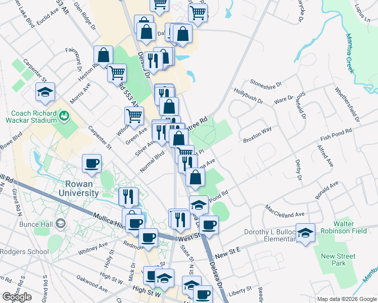map of restaurants, bars, coffee shops, grocery stores, and more near 111 Market Place in Glassboro
