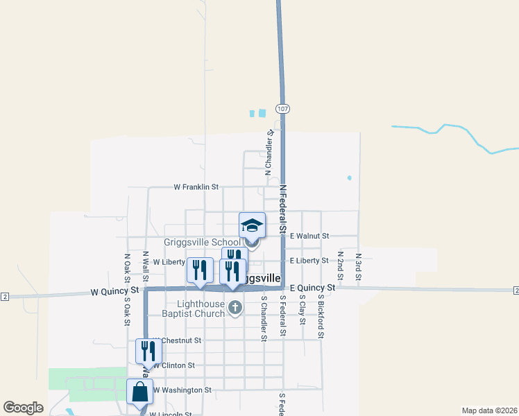 map of restaurants, bars, coffee shops, grocery stores, and more near 401 North Chandler Street in Griggsville