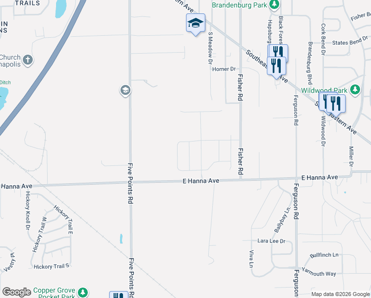 map of restaurants, bars, coffee shops, grocery stores, and more near 7320 East Hanna Avenue in Indianapolis