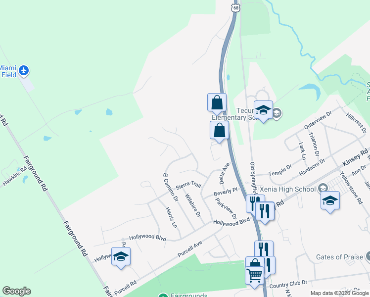 map of restaurants, bars, coffee shops, grocery stores, and more near 2164 Capestrano Drive in Xenia
