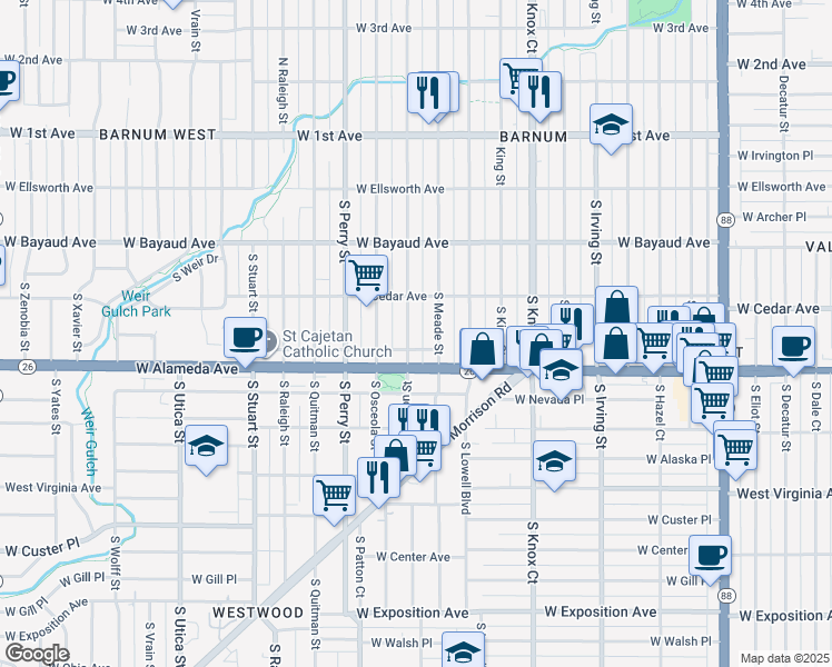 map of restaurants, bars, coffee shops, grocery stores, and more near 245 South Newton Street in Denver
