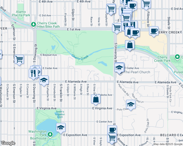 map of restaurants, bars, coffee shops, grocery stores, and more near 1991 East Alameda Avenue in Denver