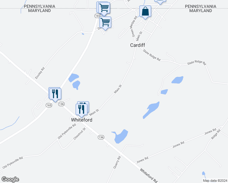 map of restaurants, bars, coffee shops, grocery stores, and more near 1550 Main Street in Whiteford
