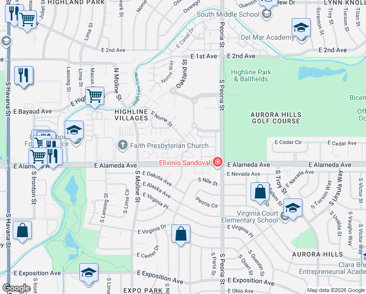 map of restaurants, bars, coffee shops, grocery stores, and more near 202 South Nome Street in Aurora