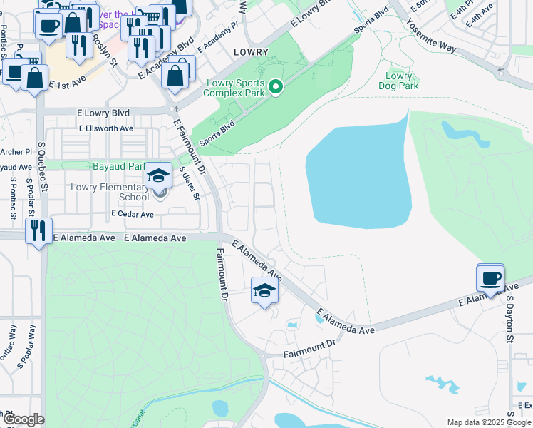 map of restaurants, bars, coffee shops, grocery stores, and more near 10 Uinta Parkway in Denver