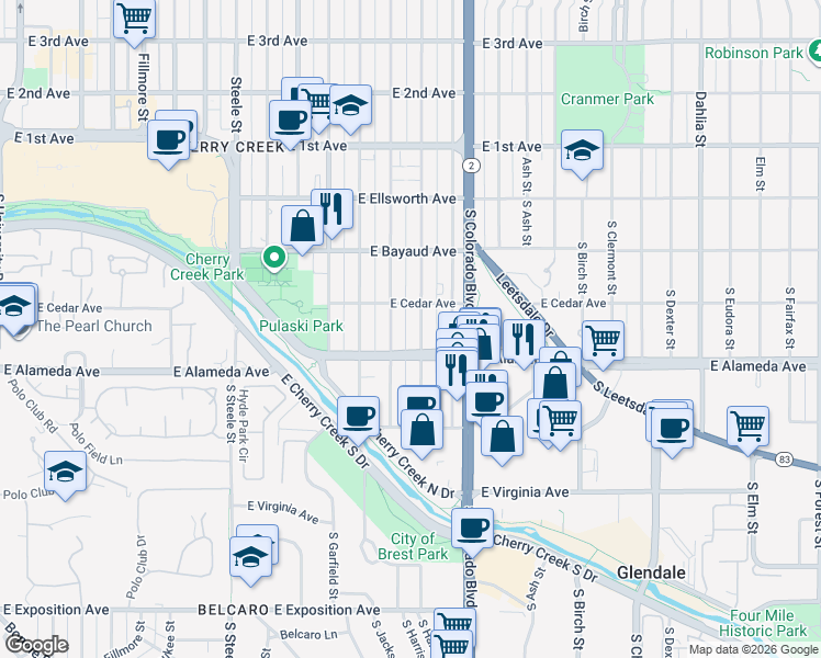 map of restaurants, bars, coffee shops, grocery stores, and more near 250 South Jackson Street in Denver