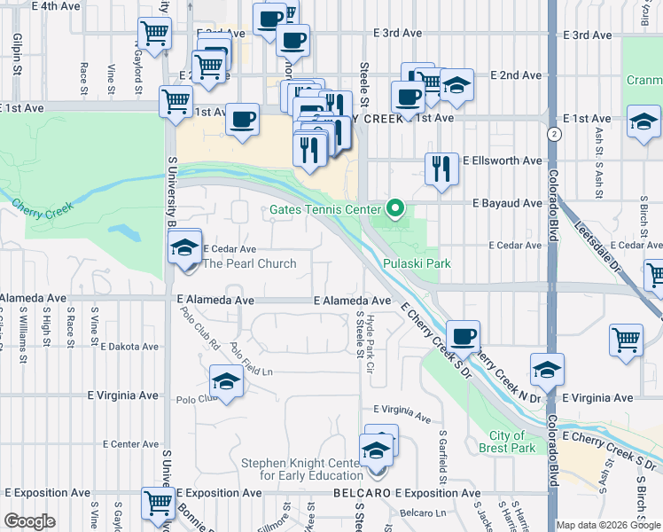 map of restaurants, bars, coffee shops, grocery stores, and more near 210 South Milwaukee Street in Denver