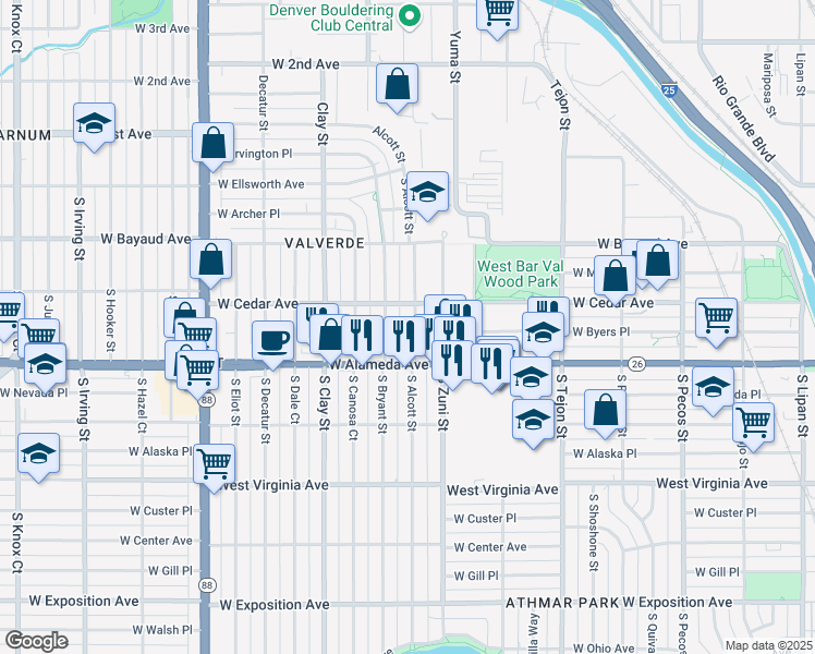 map of restaurants, bars, coffee shops, grocery stores, and more near 210 South Alcott Street in Denver