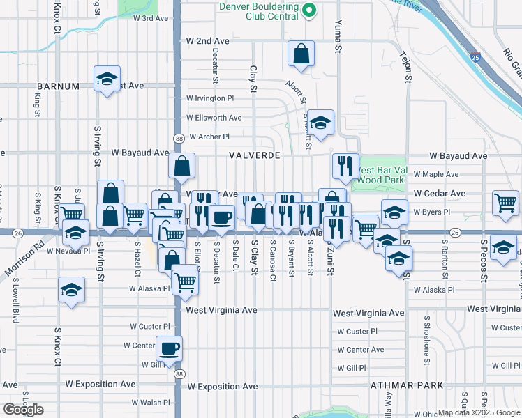 map of restaurants, bars, coffee shops, grocery stores, and more near 227 South Canosa Court in Denver