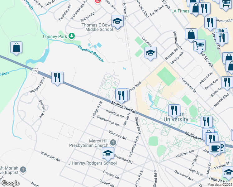 map of restaurants, bars, coffee shops, grocery stores, and more near 10 Beau Rivage Drive in Glassboro