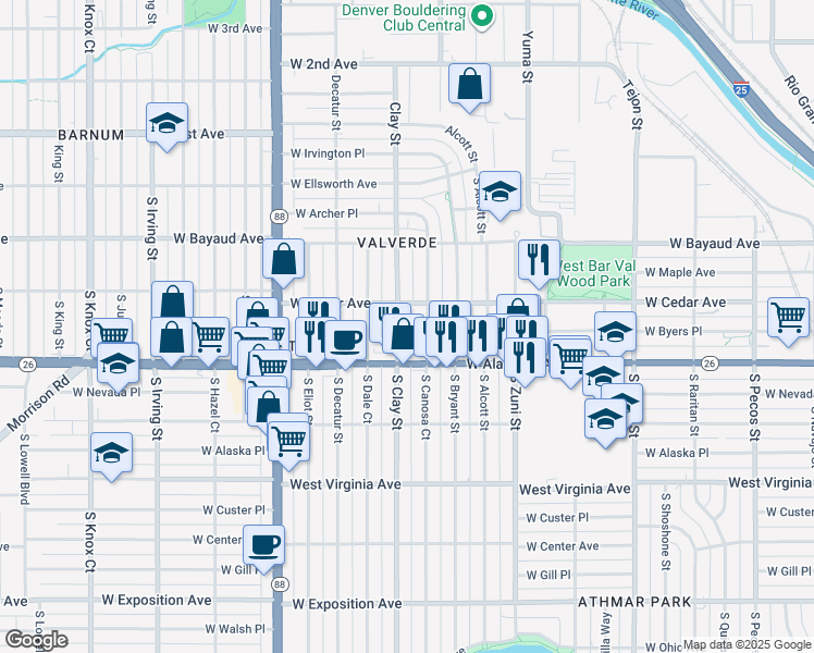 map of restaurants, bars, coffee shops, grocery stores, and more near 227 South Canosa Court in Denver