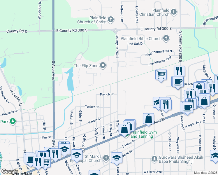 map of restaurants, bars, coffee shops, grocery stores, and more near 616 Hanley Street in Plainfield
