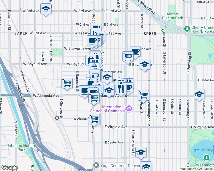 map of restaurants, bars, coffee shops, grocery stores, and more near 212 South Sherman Street in Denver