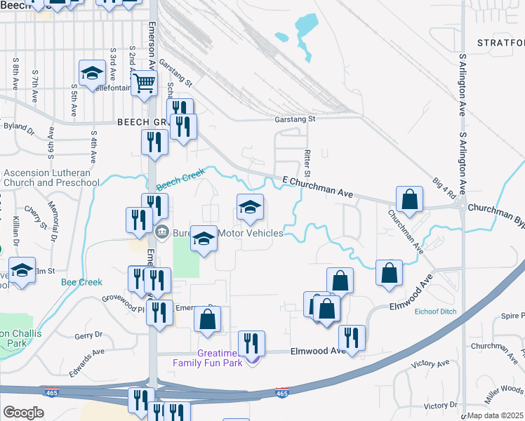 map of restaurants, bars, coffee shops, grocery stores, and more near 5330 Hornet Avenue in Beech Grove