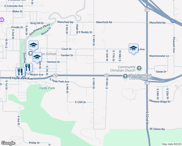 map of restaurants, bars, coffee shops, grocery stores, and more near 1025 Mason Road in Saint Joseph