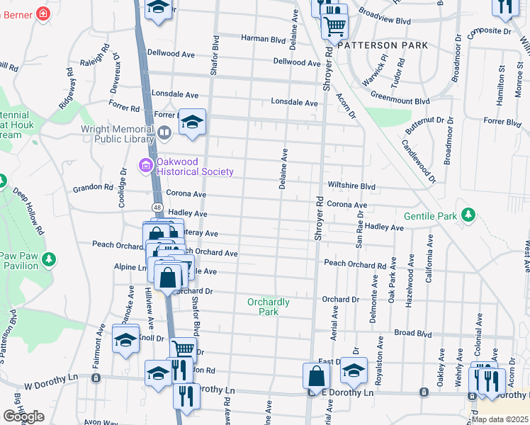 map of restaurants, bars, coffee shops, grocery stores, and more near 335 Hadley Avenue in Dayton