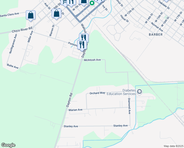 map of restaurants, bars, coffee shops, grocery stores, and more near 1525 Dayton Road in Chico