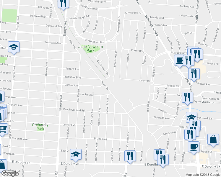 map of restaurants, bars, coffee shops, grocery stores, and more near 2424 Acorn Drive in Dayton