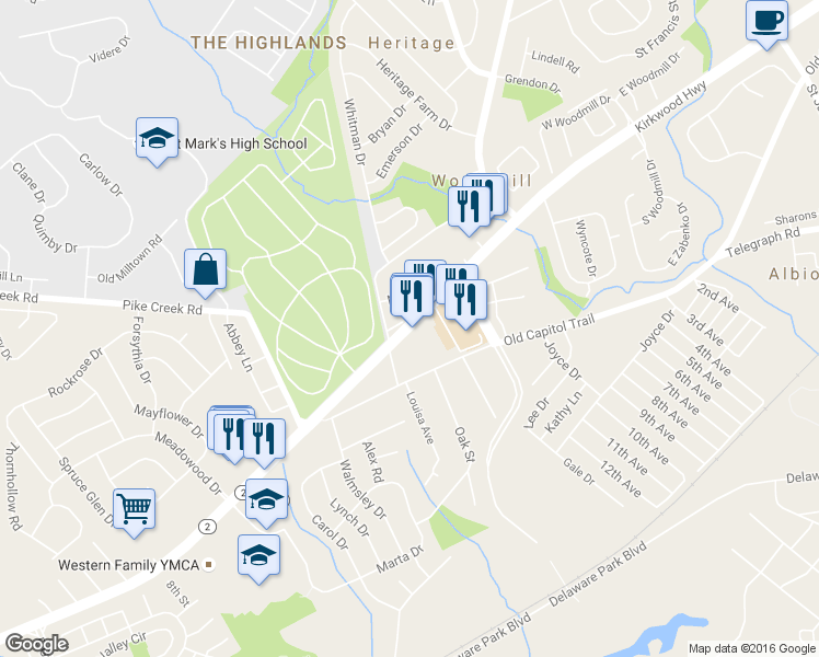 map of restaurants, bars, coffee shops, grocery stores, and more near 5916 Kirkwood Hwy in Wilmington