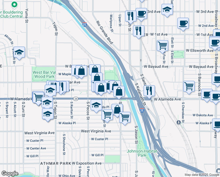 map of restaurants, bars, coffee shops, grocery stores, and more near 1263 West Byers Place in Denver