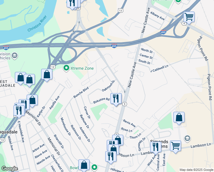 map of restaurants, bars, coffee shops, grocery stores, and more near 15 Oakmont Drive in New Castle