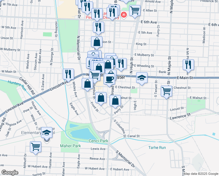 map of restaurants, bars, coffee shops, grocery stores, and more near 137 South Broad Street in Lancaster