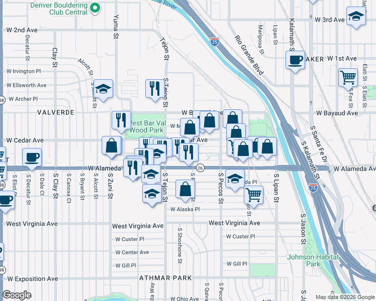 map of restaurants, bars, coffee shops, grocery stores, and more near 1515 West Byers Place in Denver